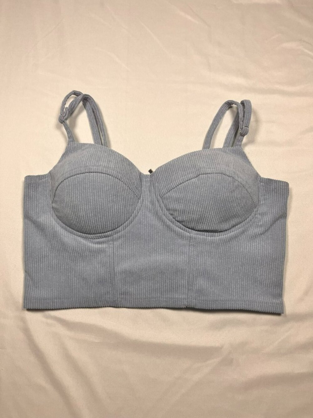 Blue Corduroy Corset Bustier Crop Top Large Ribbed Cami Back Zip Y2K Coquette